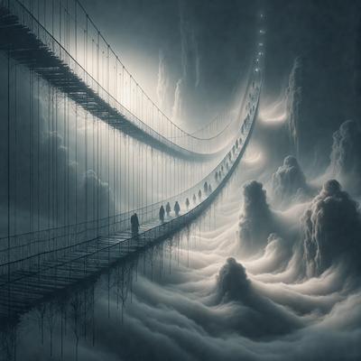 The primary subject of the image is a person walking on a bridge. The setting is a cloudy sky, and the visual style is a digital art or illustration. The colors and mood of the image are dark and moody, with the person walking on the bridge surrounded by clouds and a bridge that appears to be suspended in the air.